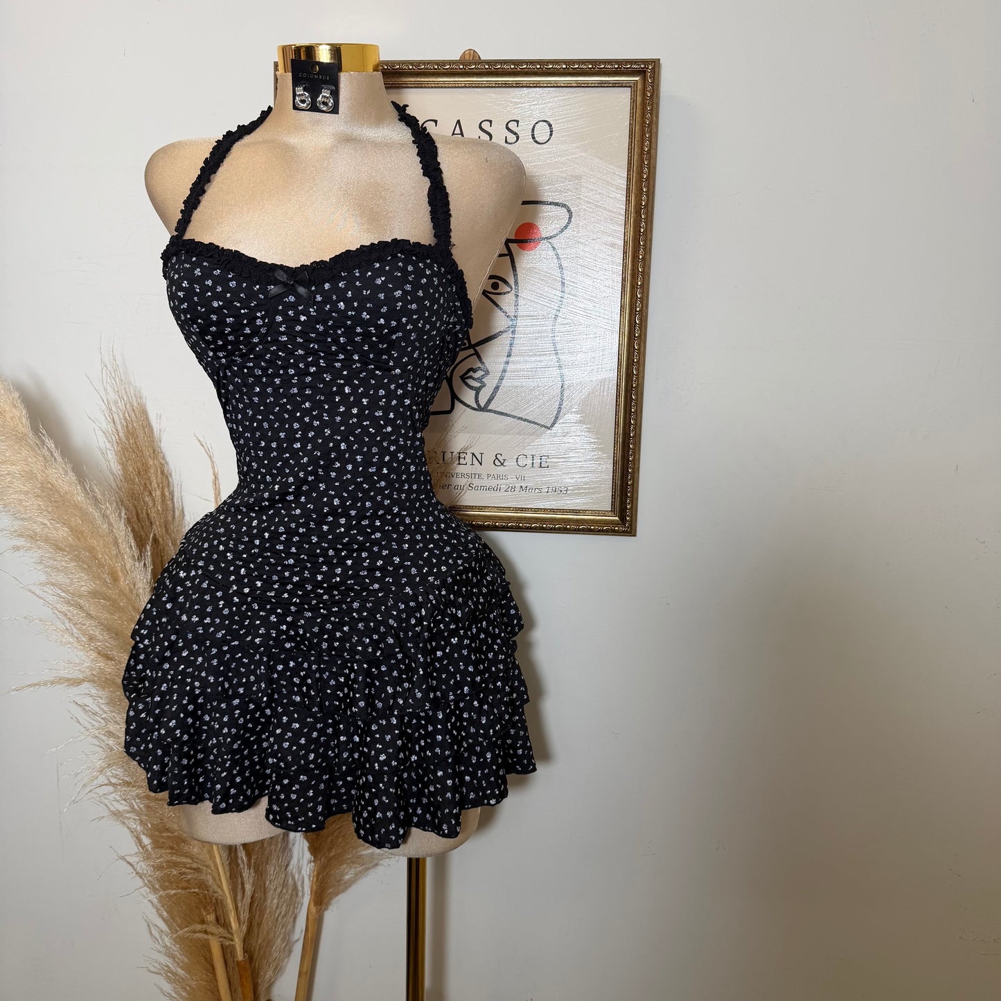Tiered Ruffle Skirt And Halter Top Mini Dress-Black