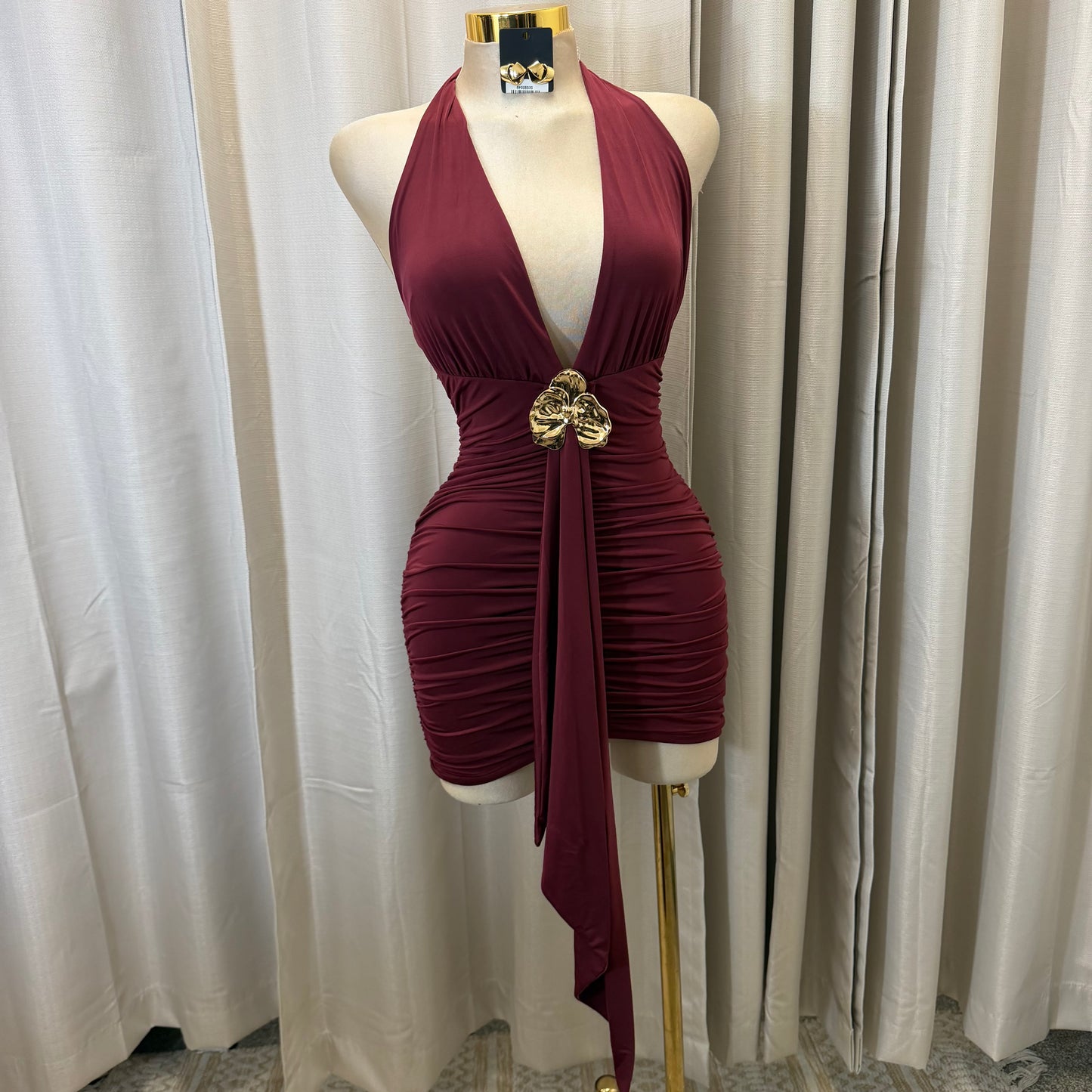 Orchid Halter Ruched front panel Mini Dress-Burgundy