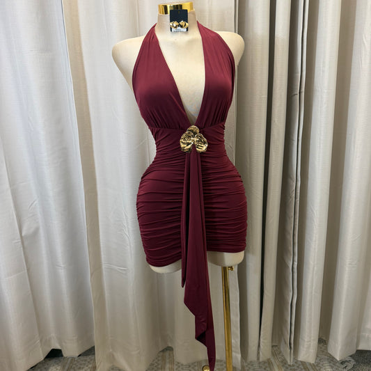 Orchid Halter Ruched front panel Mini Dress-Burgundy