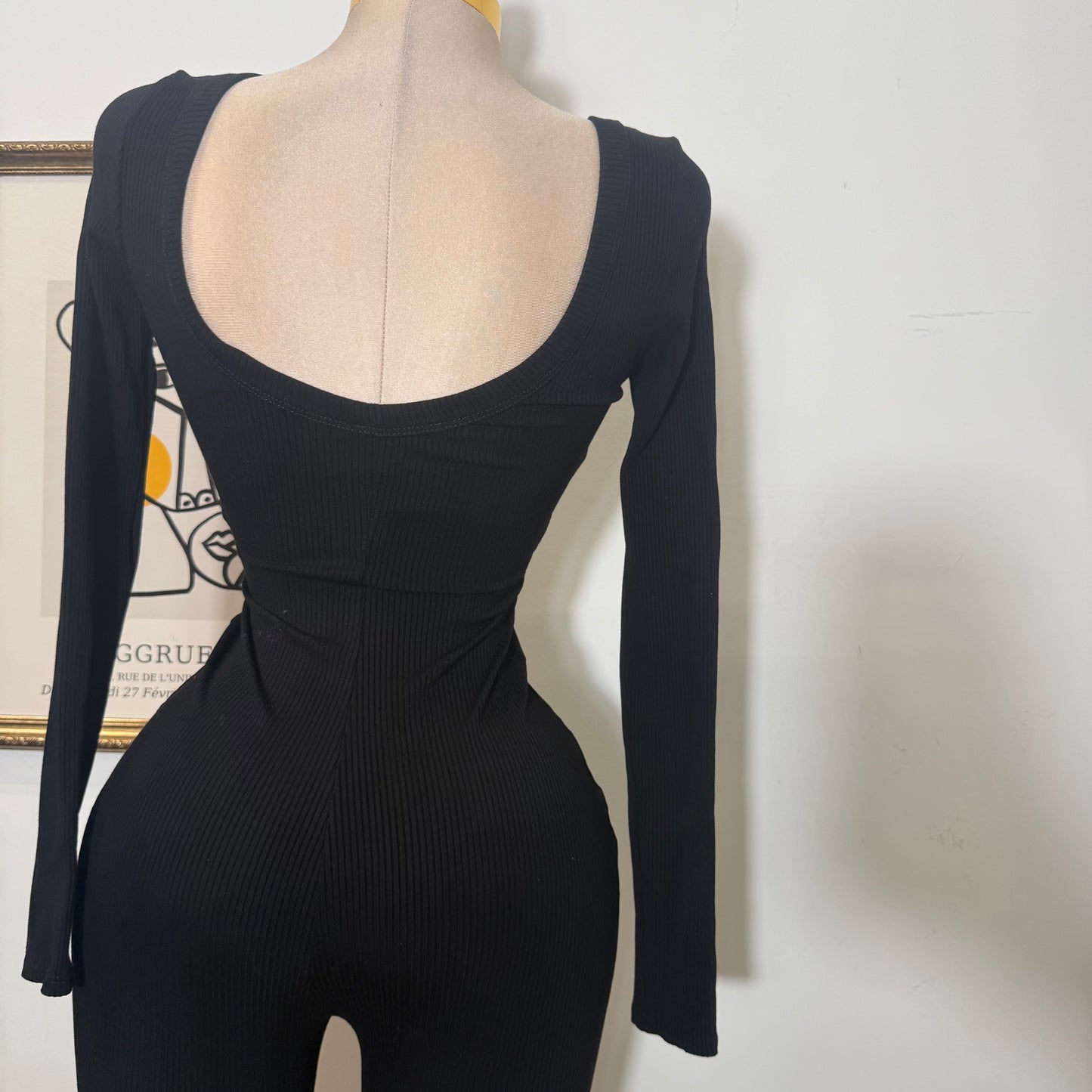 Long Sleeve Snatched Flare Jumpsuit-Black