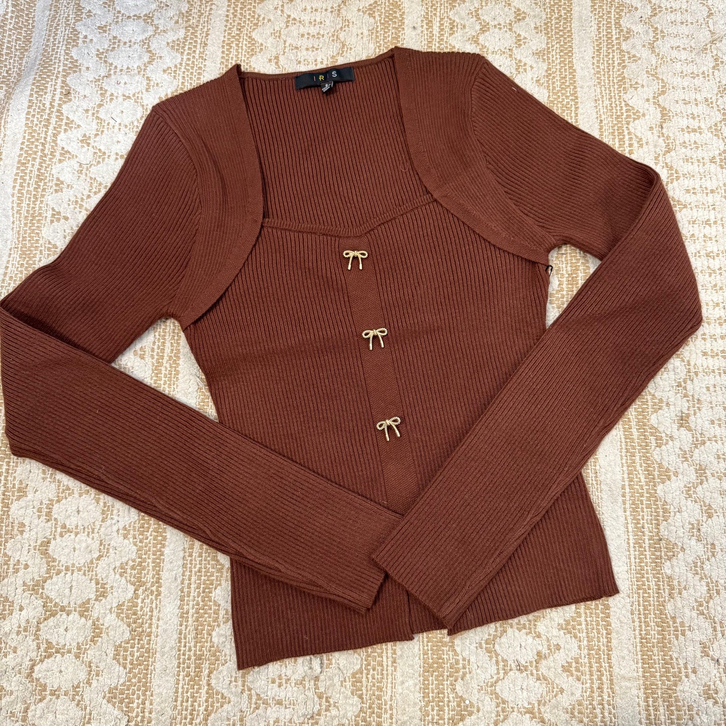 Square Neck Ribbon Trim Sweater Top-Brown