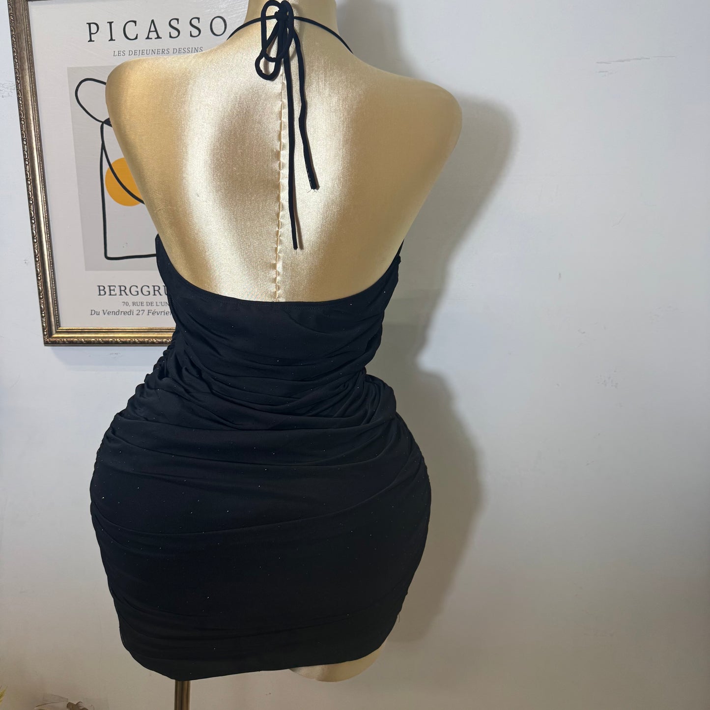 Rhinestone Detail Ruched Mesh Halter Dress-Black