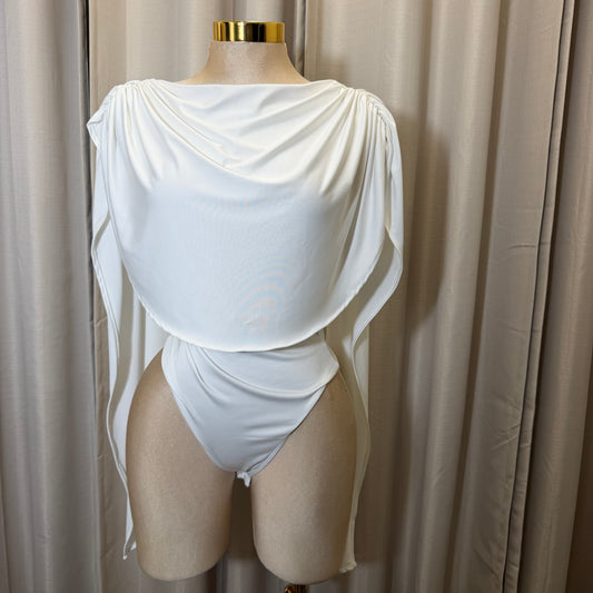 Draped Bodysuit Long sleeve-White