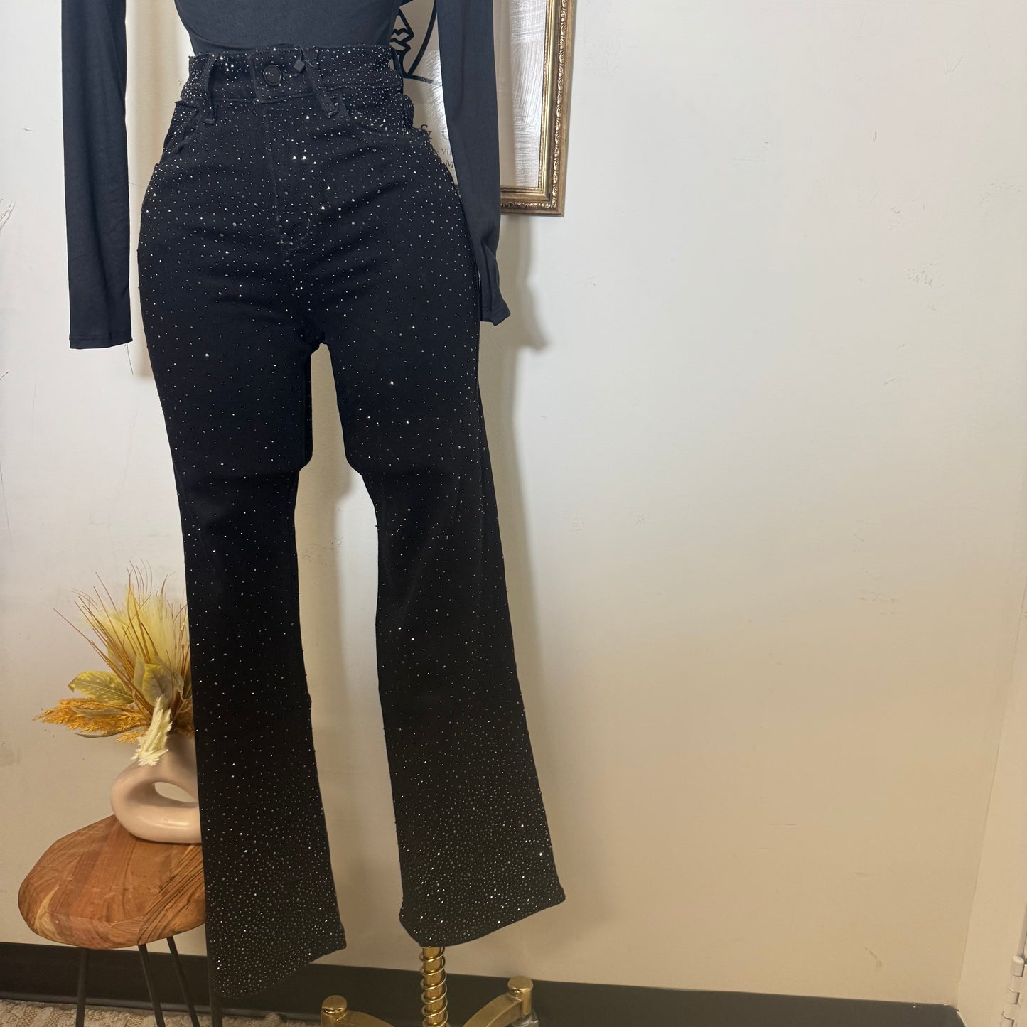 Nye Rhinestone Flare Pants-Black
