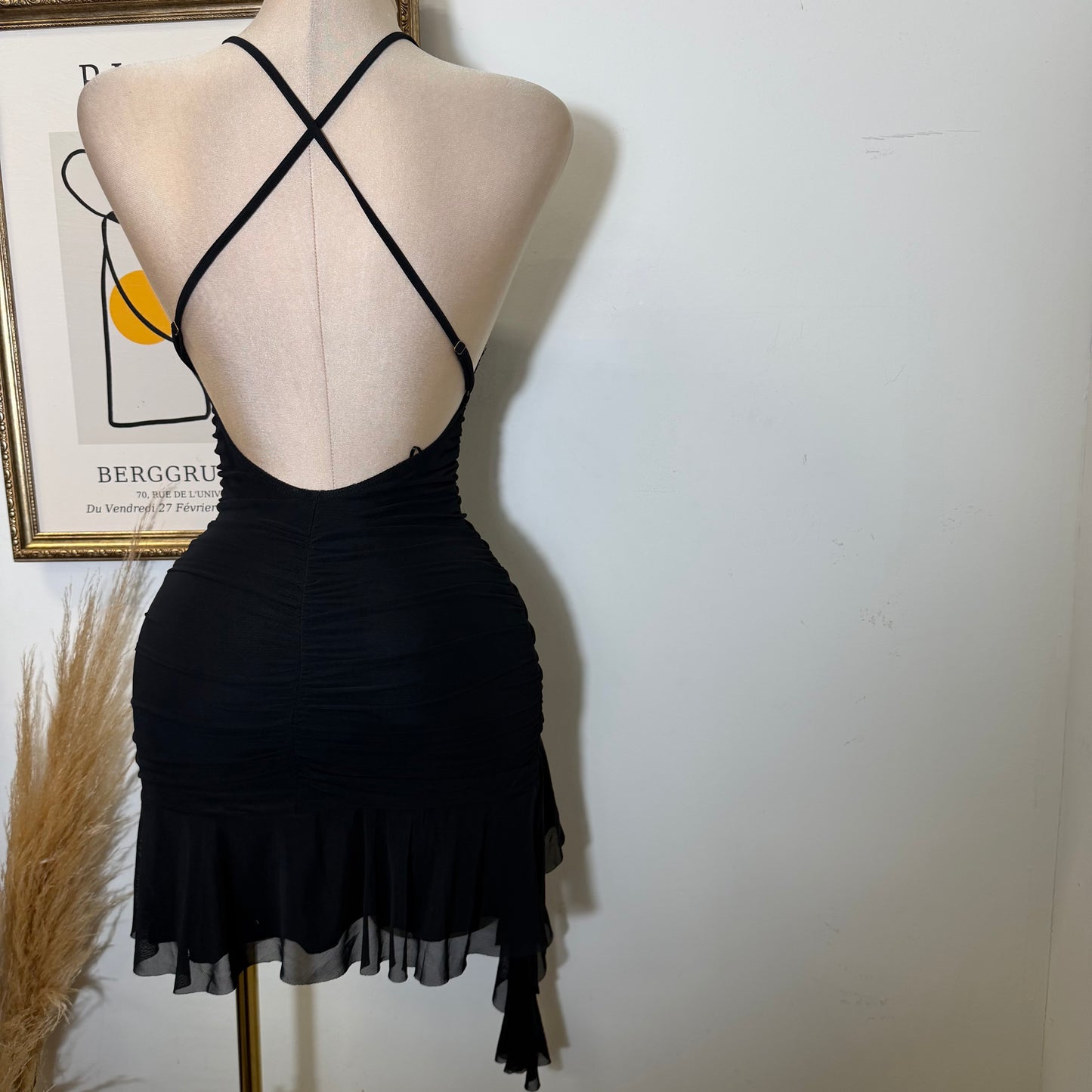 Asymmetrical Ruffle Mini Dress with Cross-Back Straps-Black