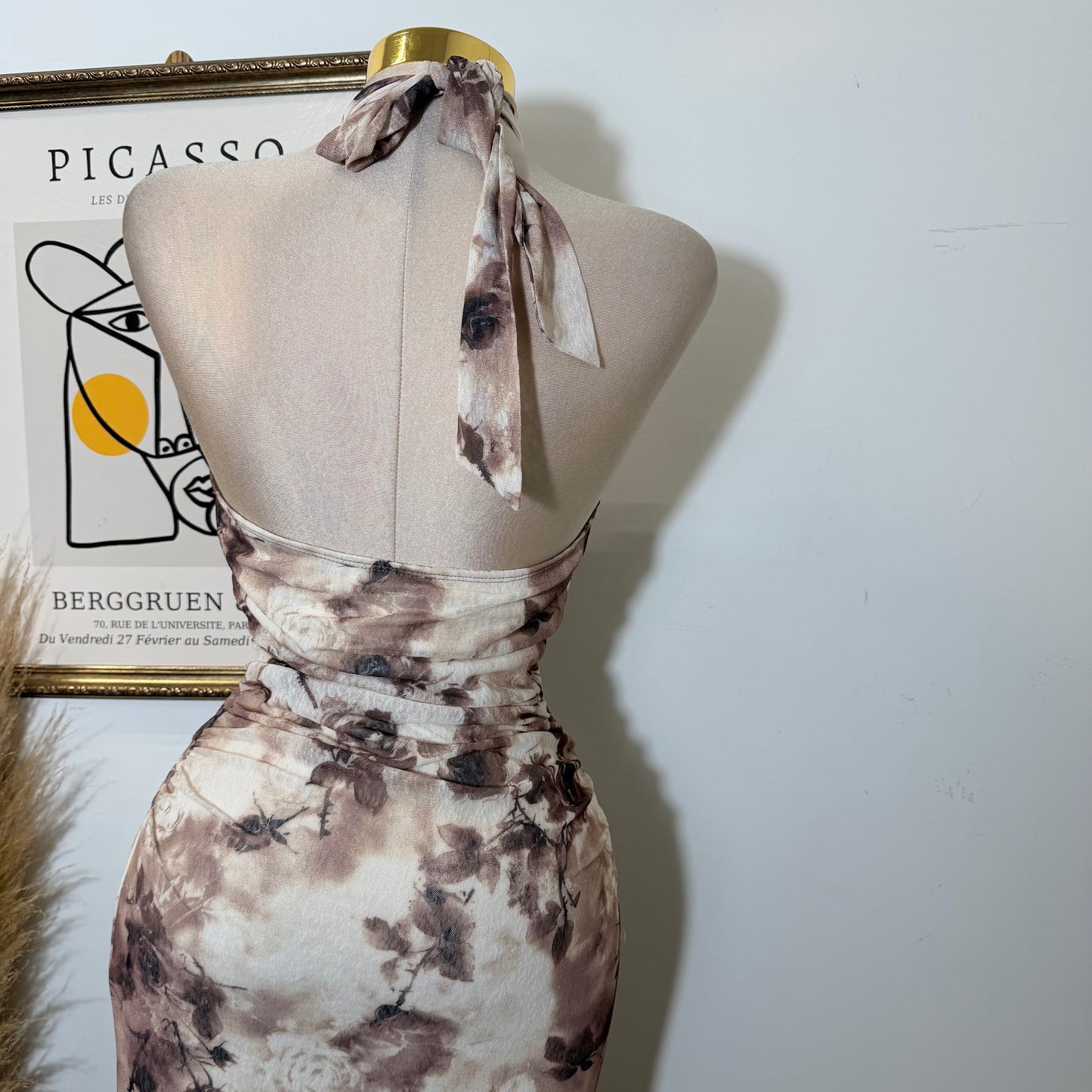 HalterNeck Print Midi Dress-Brown Floral