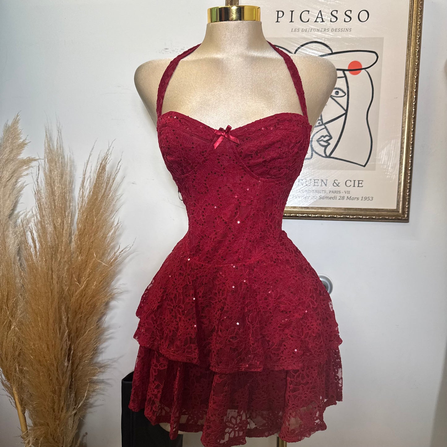 Sequined Halter Mini Dress with Tiered Skirt-Red
