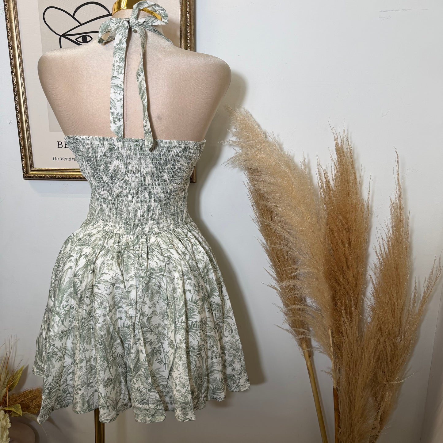 Tropical Toile Halter Mini Dress-Beige/Olive