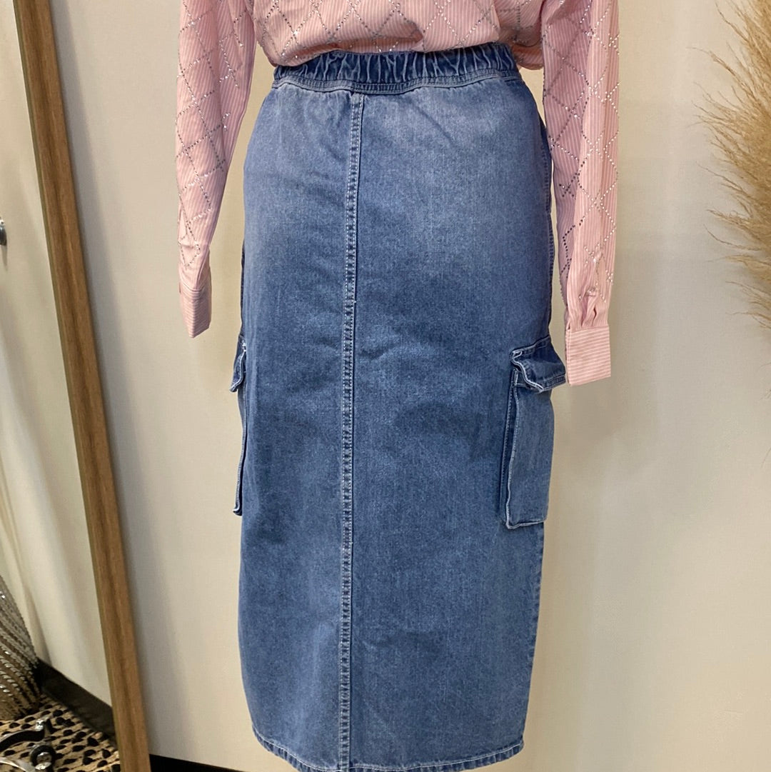 Cargo Long Denim Skirt-Blue