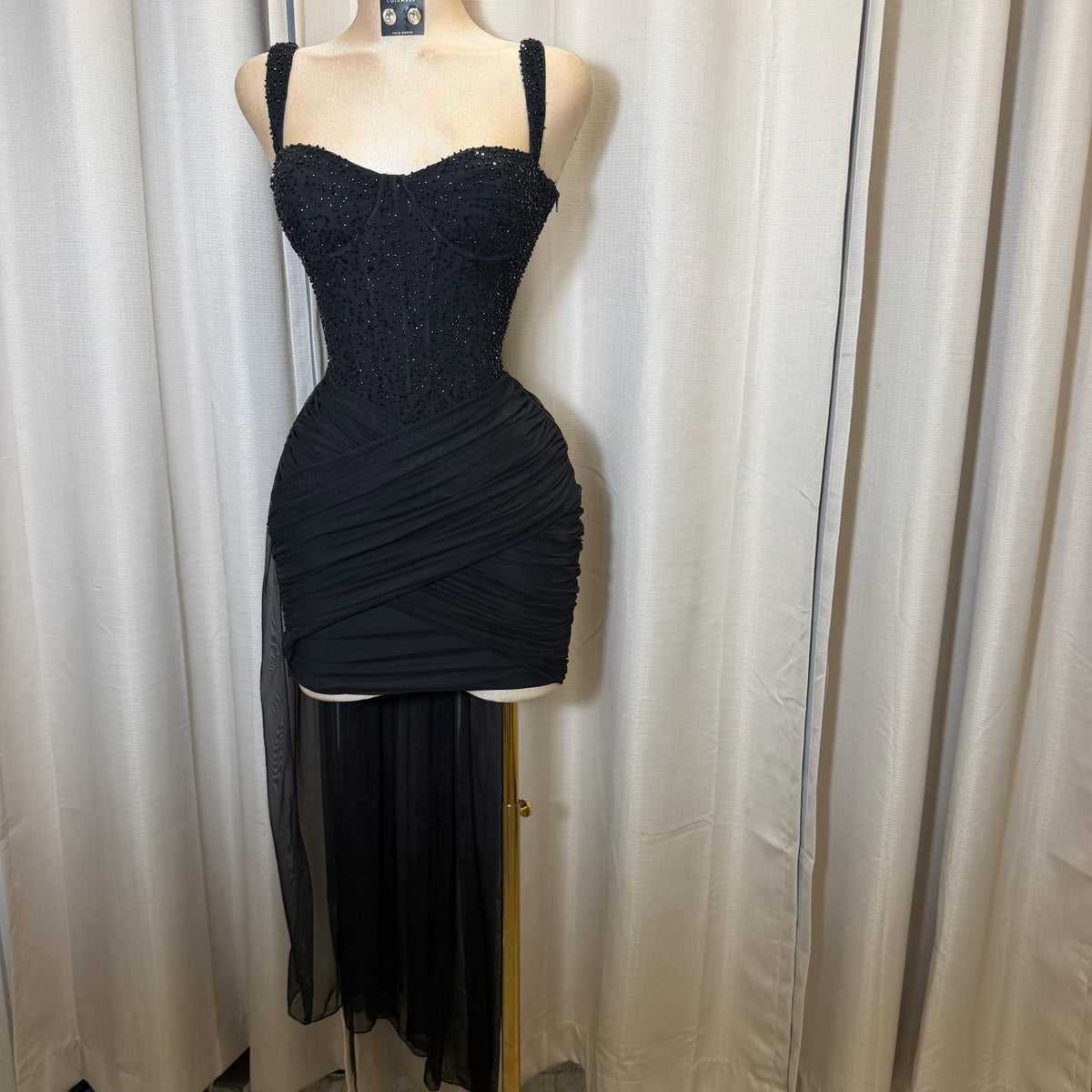 Mesh with beads Sequin Sweetheart neckline Corset dress-Black