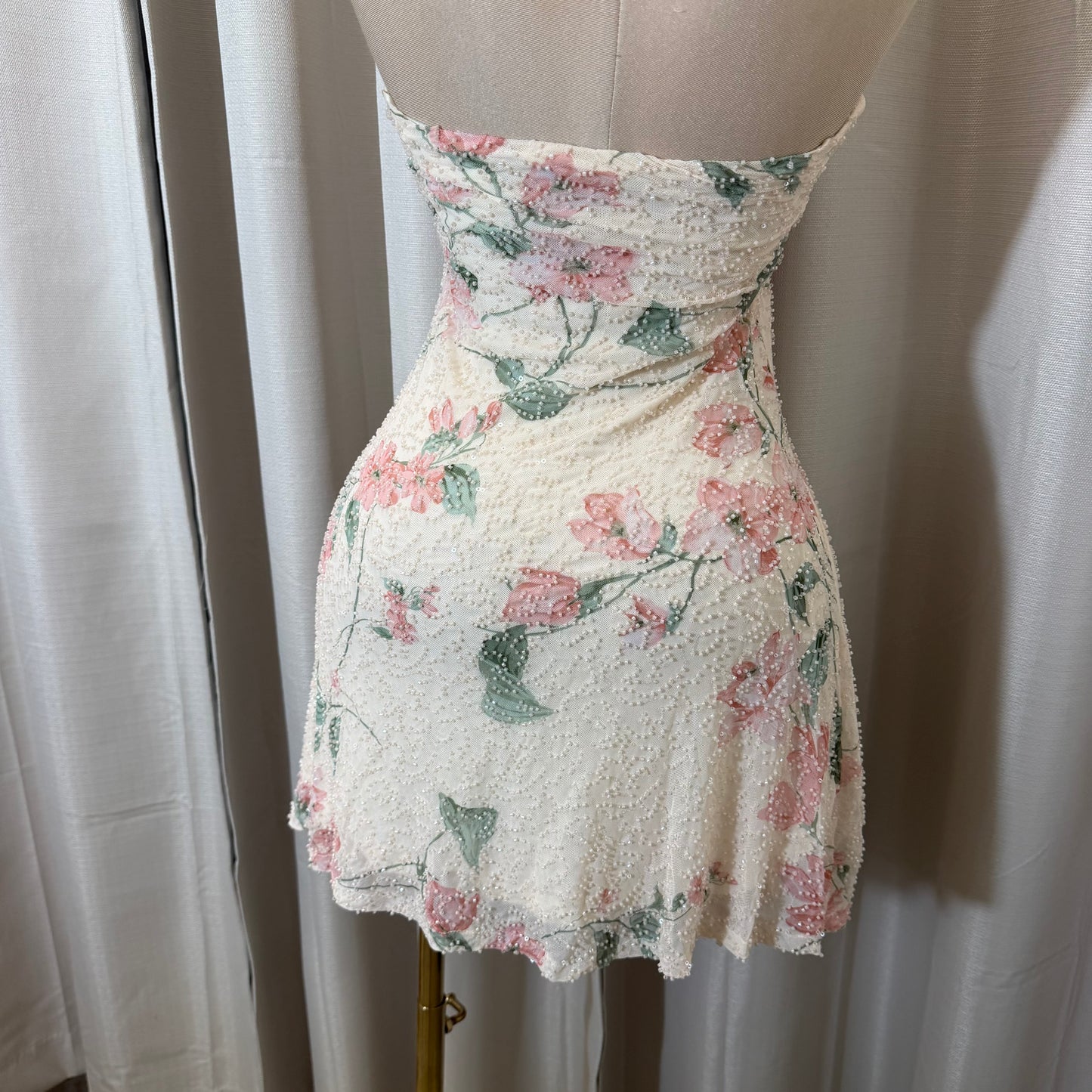 Mesh Floral Strapless with Beads Dress-Cream