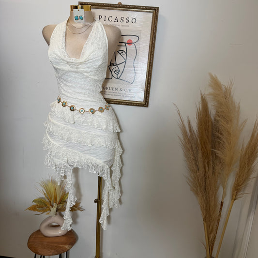 Halter Lace Mini Dress with Layered skirt-Ivory