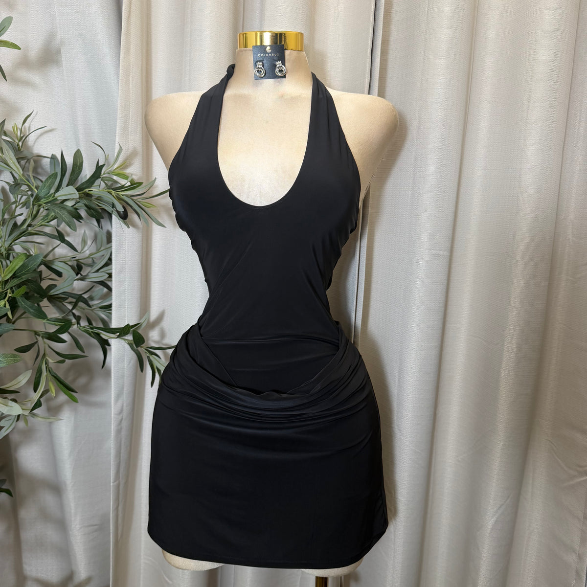 Halter Neckline Cowl Skirt Mini Dress-Black