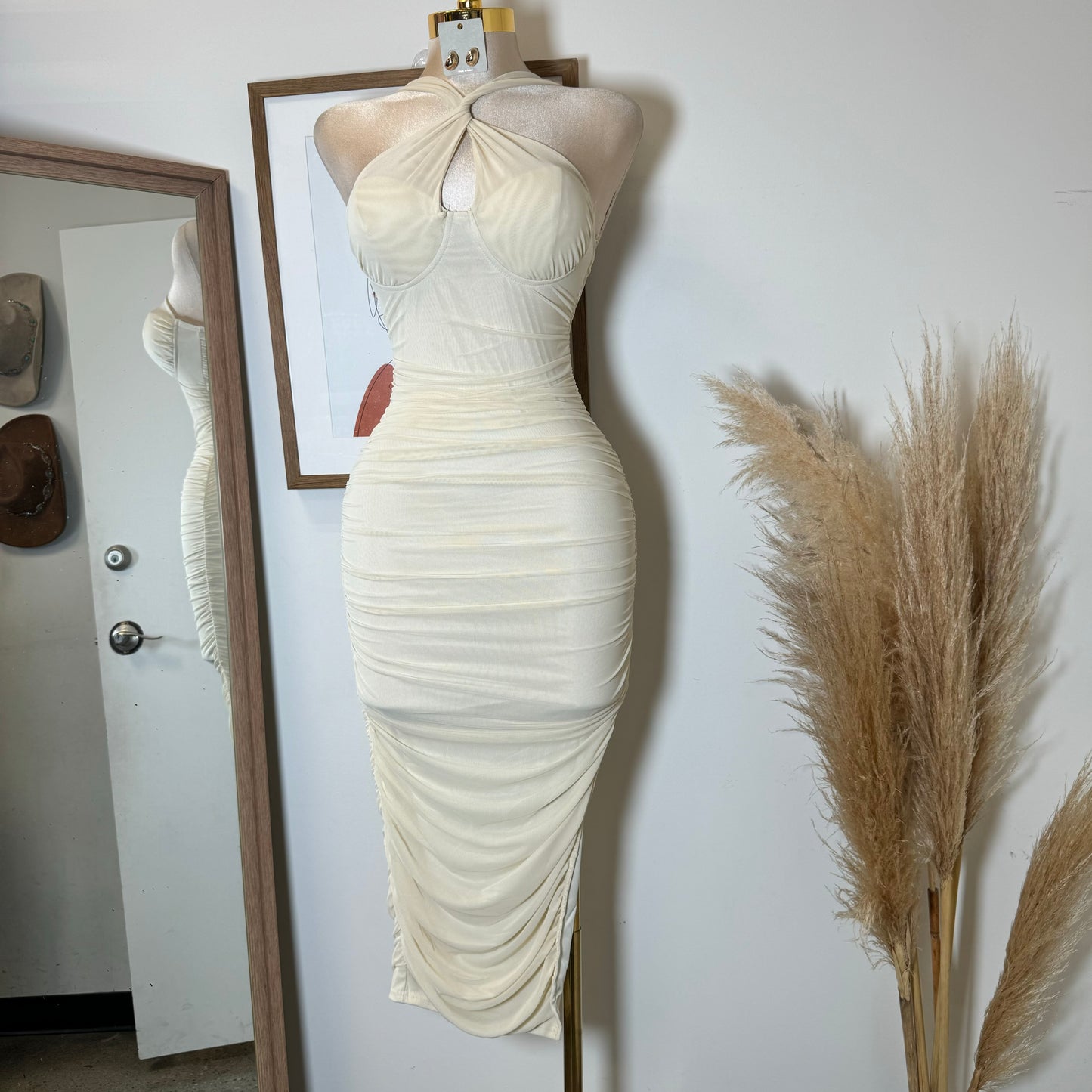Inara Mesh Twist Halter Neck Midi Dress-Ivory1