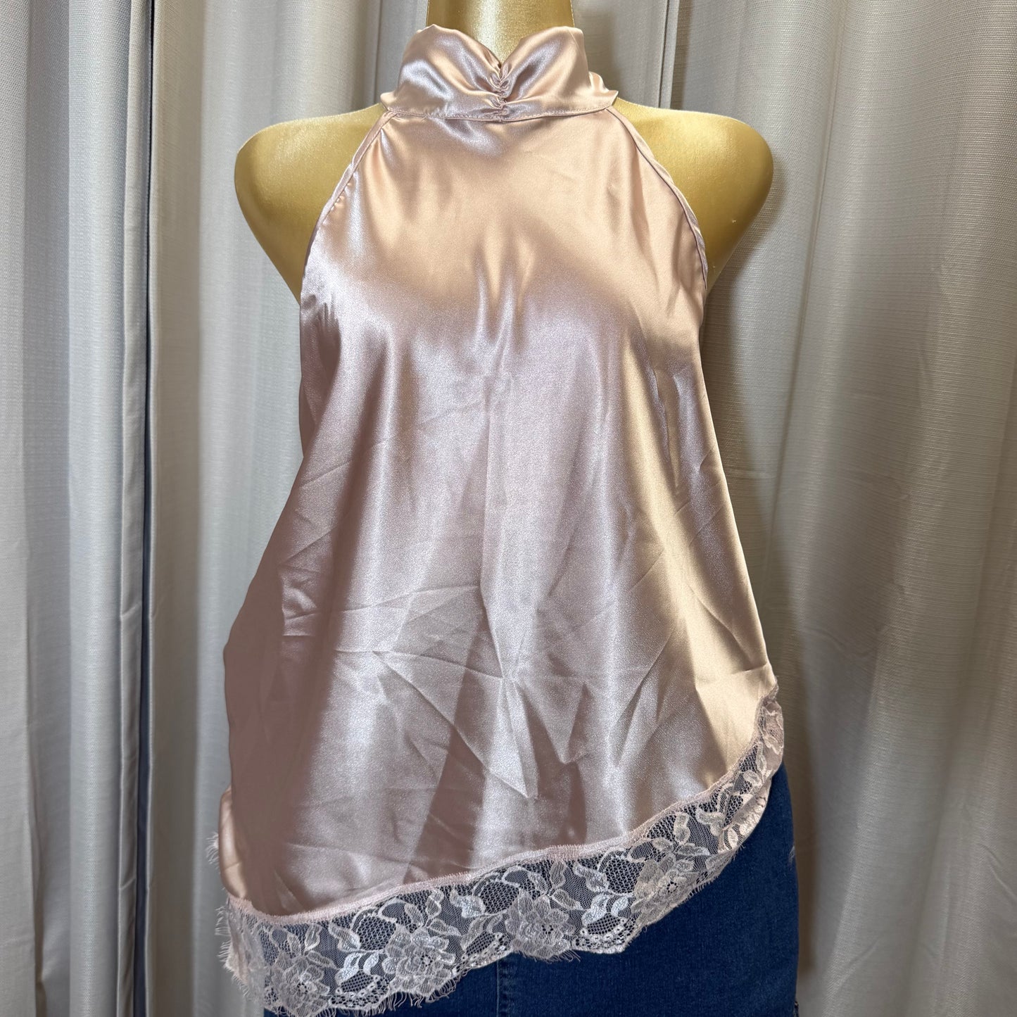 PL-Satin Lace Asymmetrical Top-Baby Pink