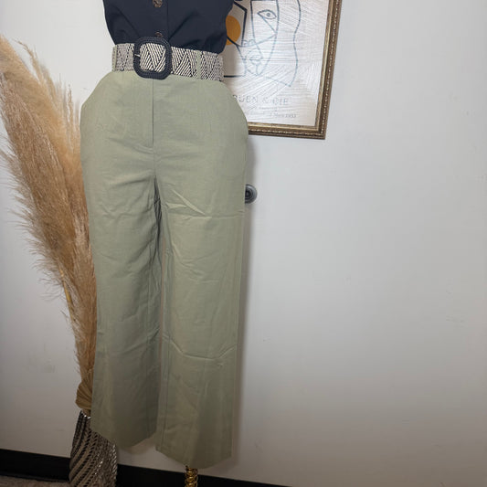 Linen Tribal Pattern Belt Wide Leg Pants-Sage