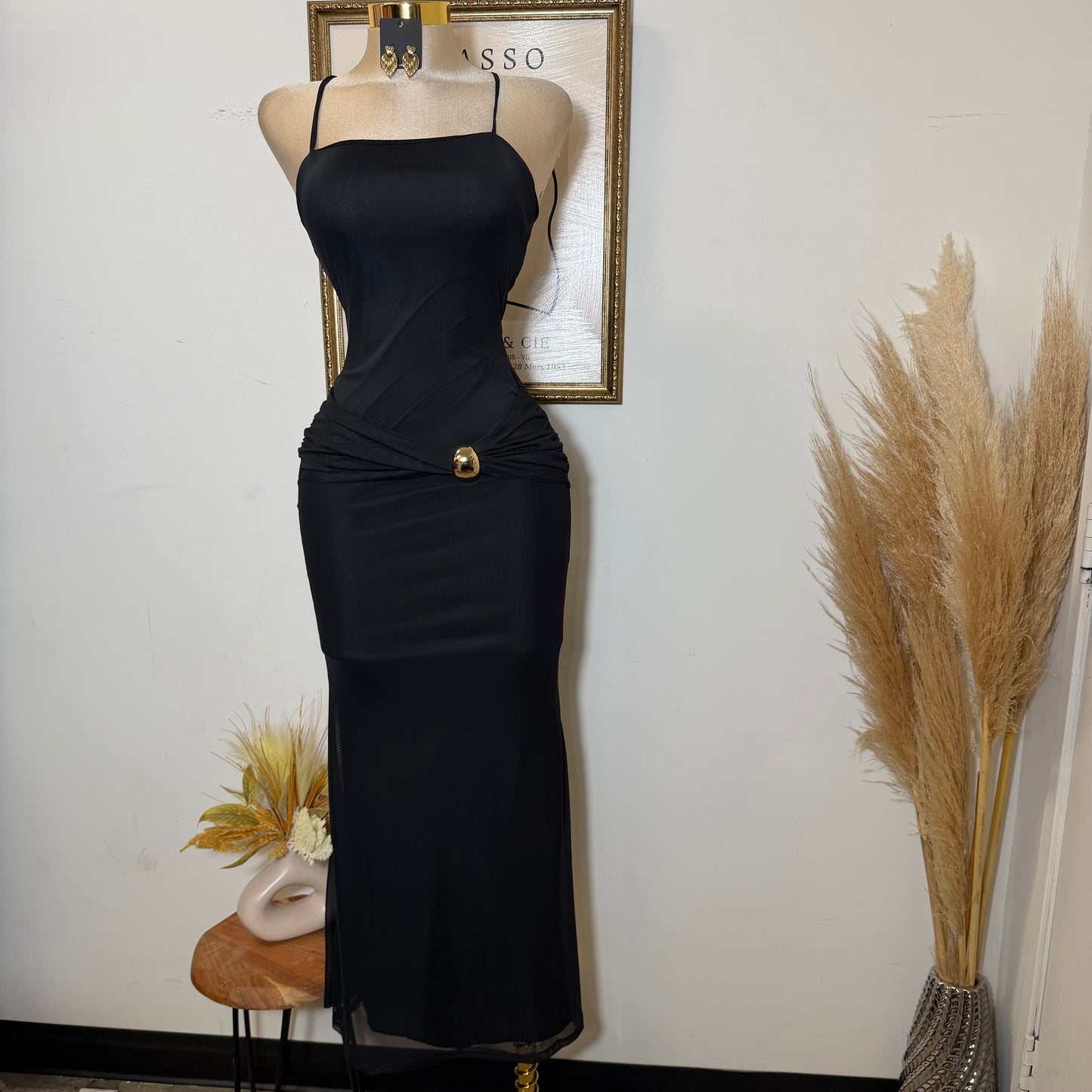 Solid Mesh Back Criss Cross Maxi Dress-Black