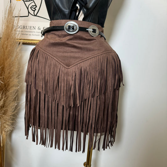 Suede Fringe Skirt-Brown
