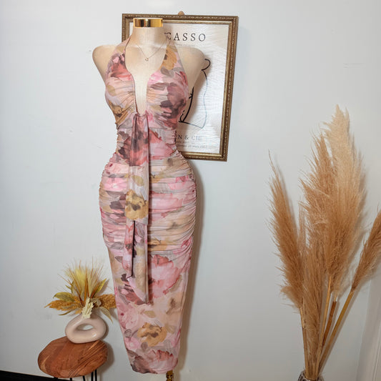 Halter Nk Wire Inset Sash Front Ruching Back Slit Maxi-Mauve Multi