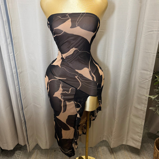 Floral Ruffle Slit Midi Dress-Brown