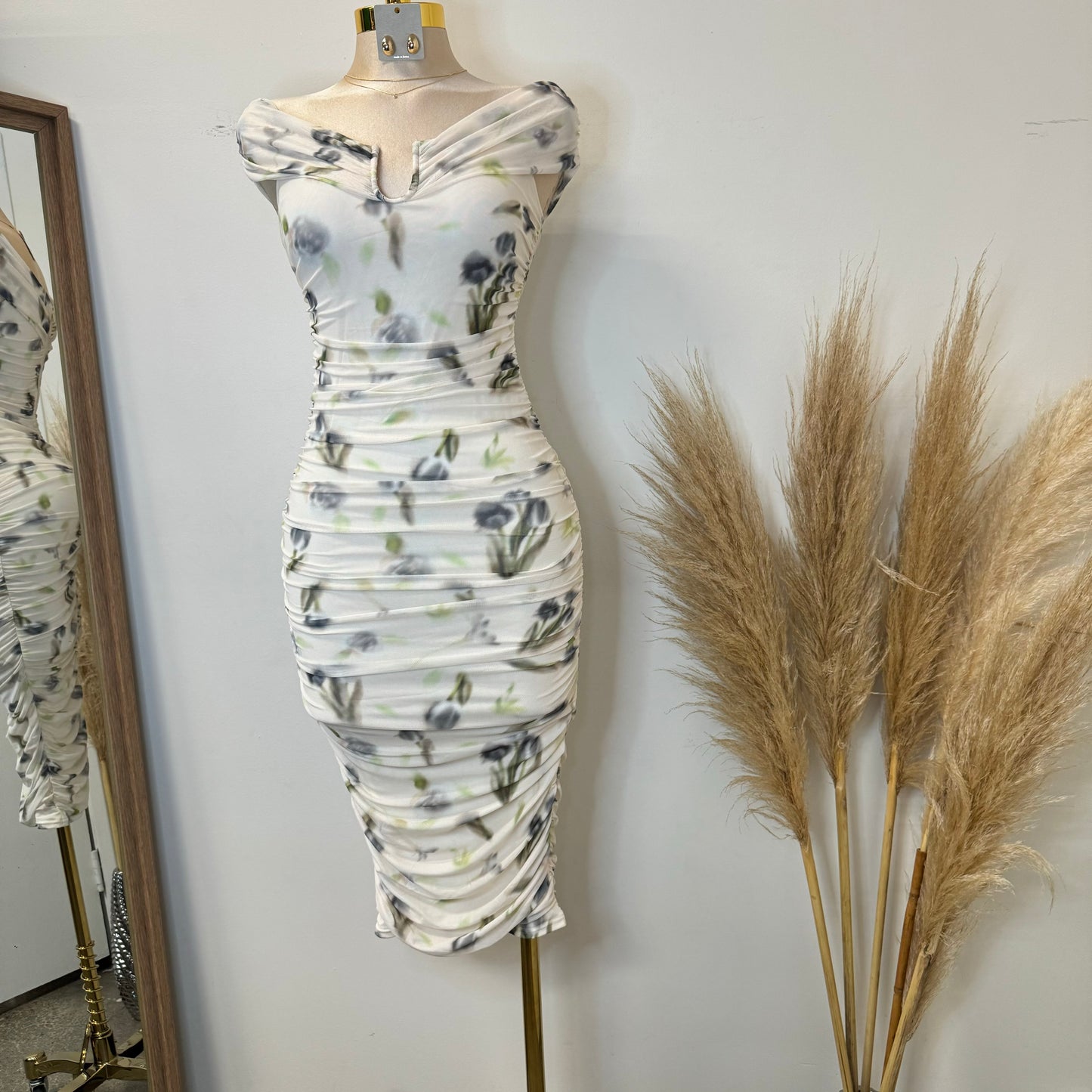 Spring Off shoulder Dress-Cream Multi