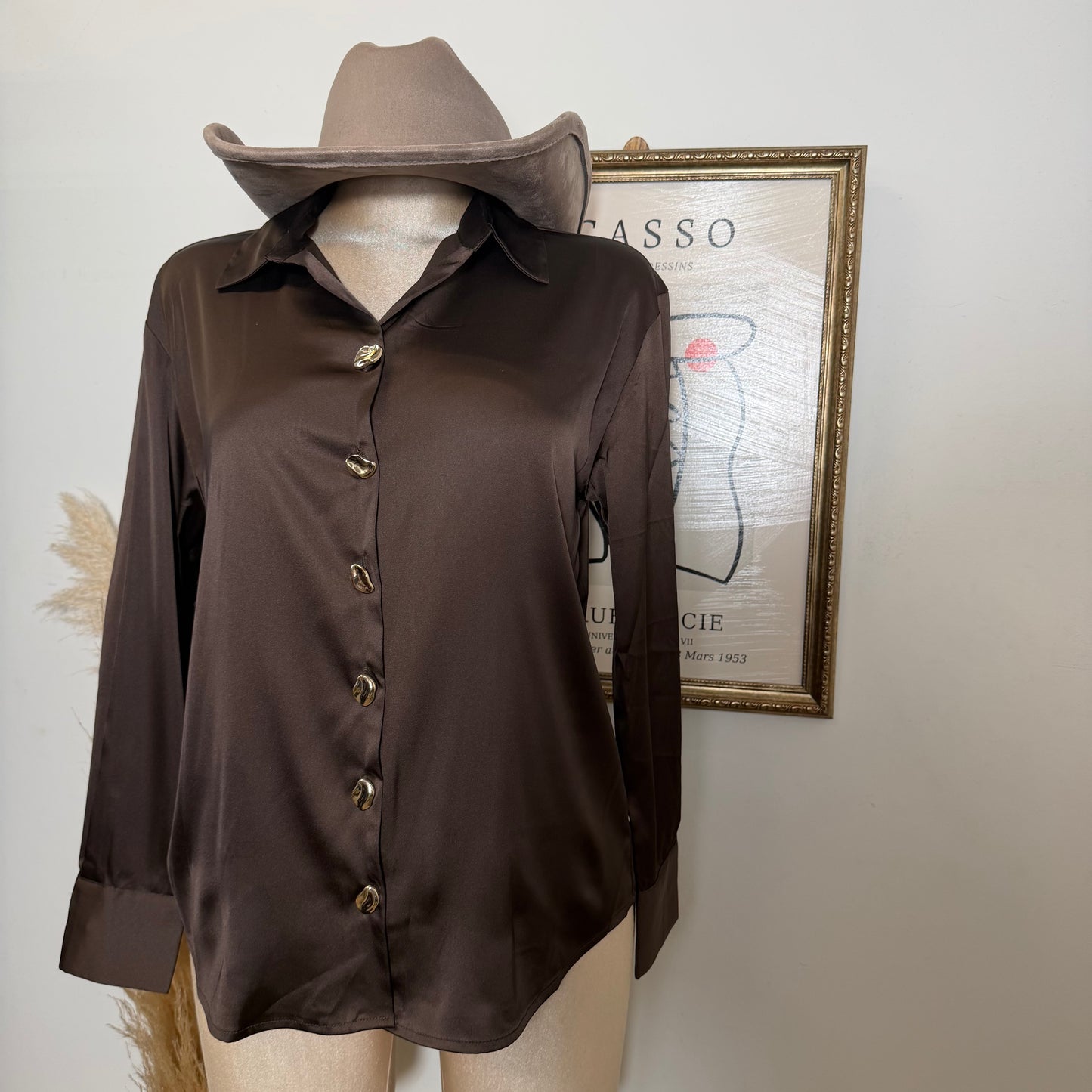 Long sleeve Satin button-Up top-brown
