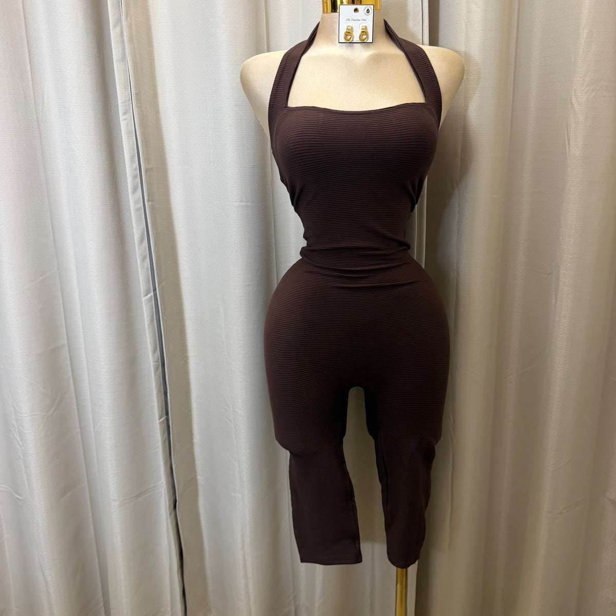 Halter Ribbed Capri Jumpsuit-Brown