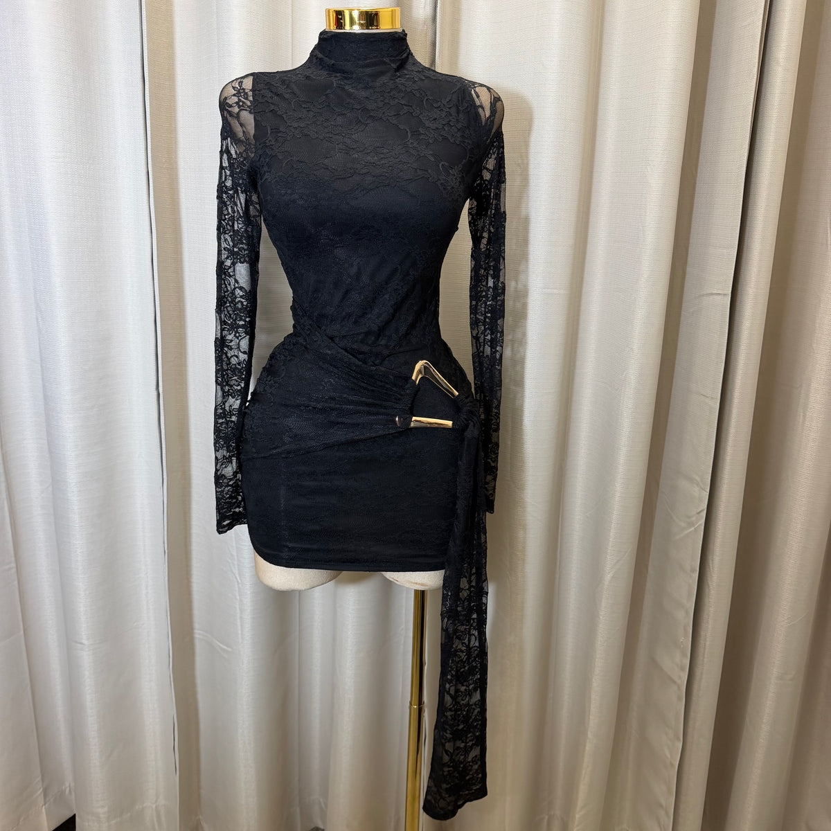 Long Sleeve lace front  Sash With Trim Detail Mini Dress-Black