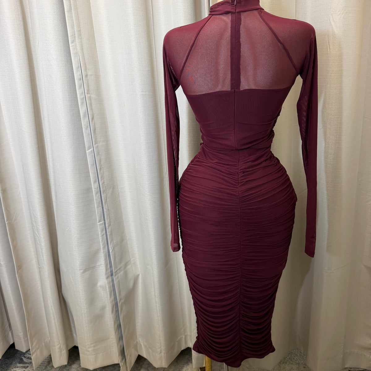 Long sleeve Mesh  Dress-Burgundy
