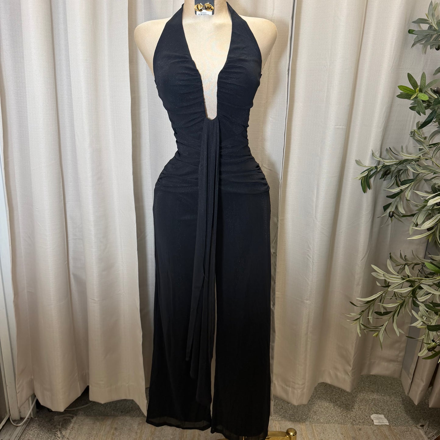 HALTER NECK WIRE WITH SASH JUMPSUIT-Black