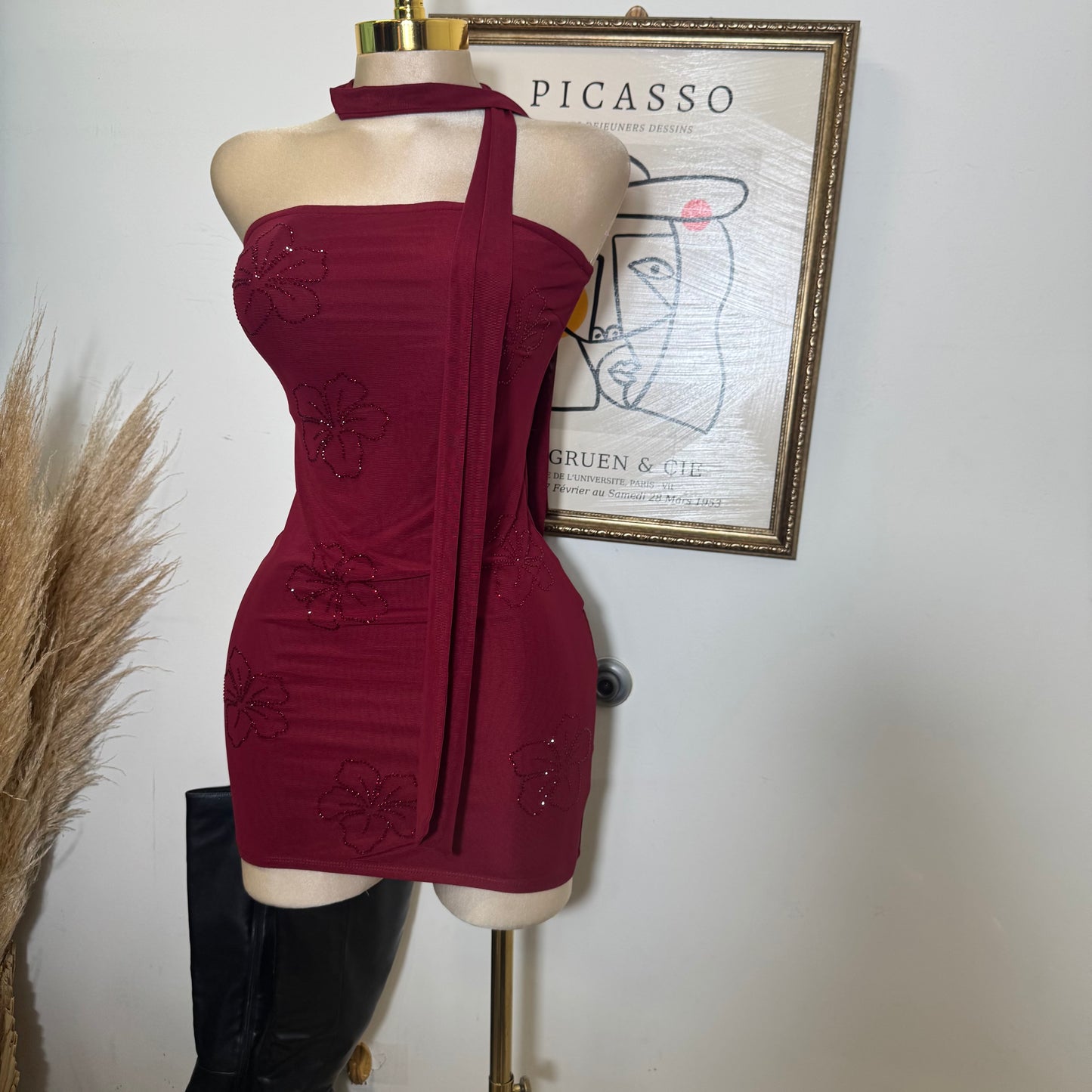 Tube Mini Dress With Scarf-Burgundy