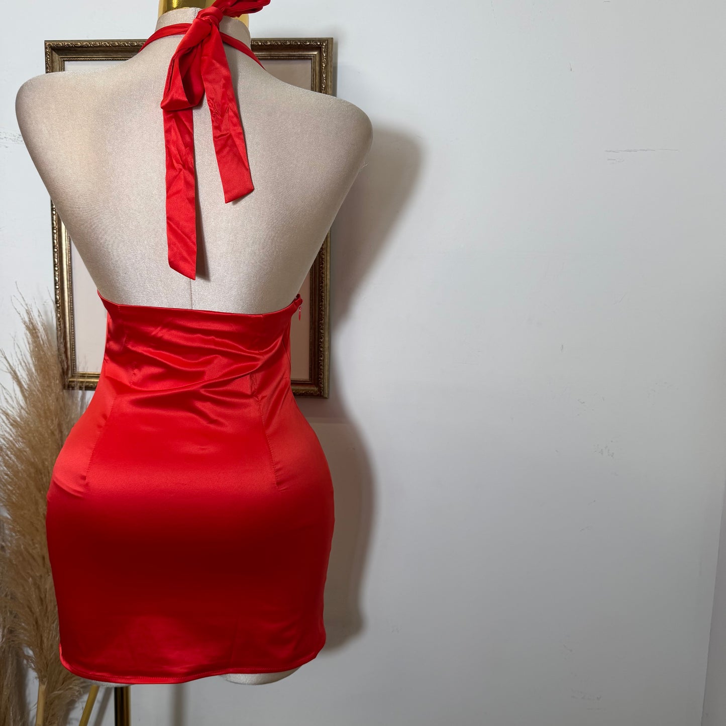 Halter Lace Satin Mini Dress-Red
