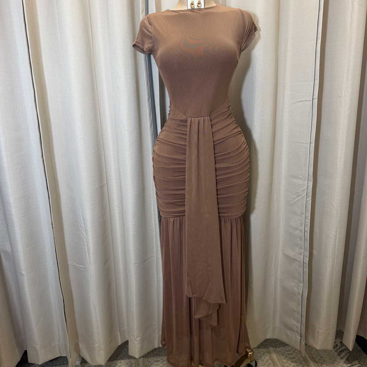Short Sleeve Solid Mesh  Maxi Dress-Brown