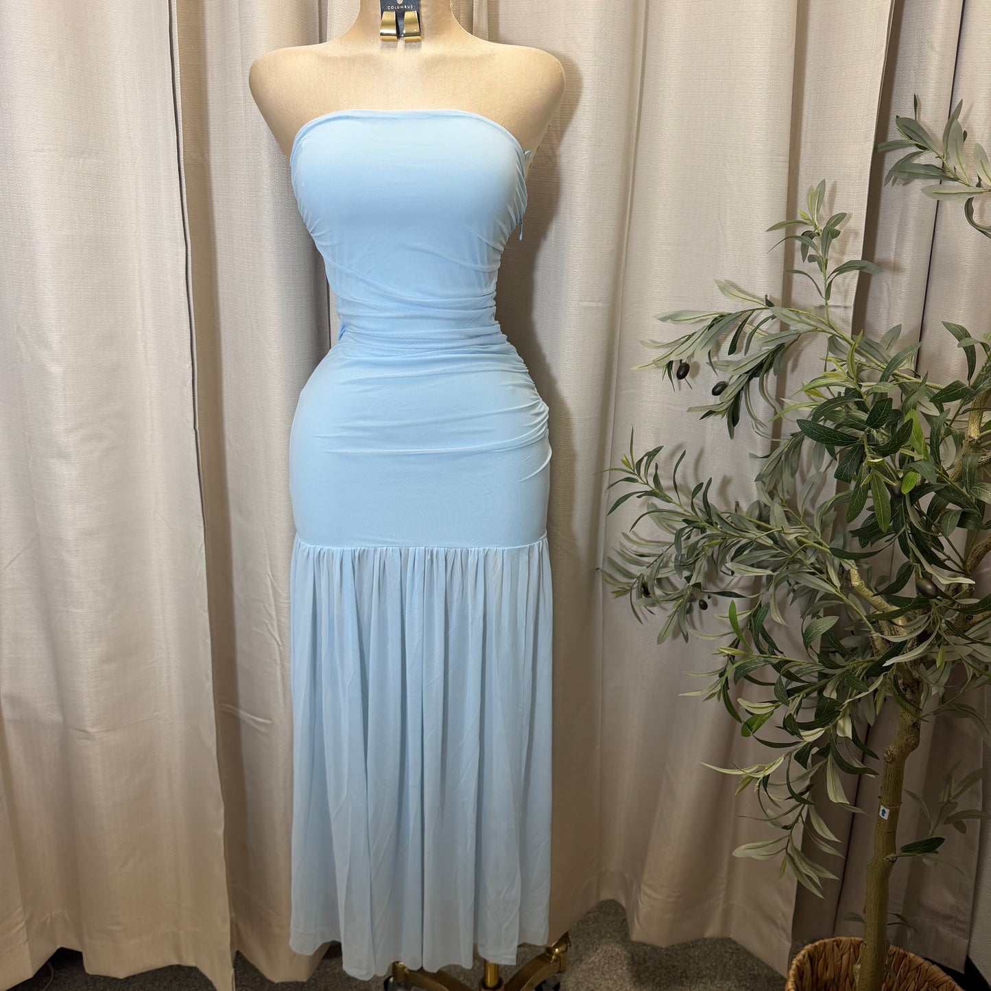 STRAPLESS RUCHED BODICE DROP WAIST MAXI DRESS-Baby Blue