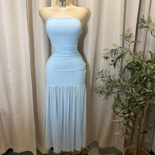 STRAPLESS RUCHED BODICE DROP WAIST MAXI DRESS-Baby Blue