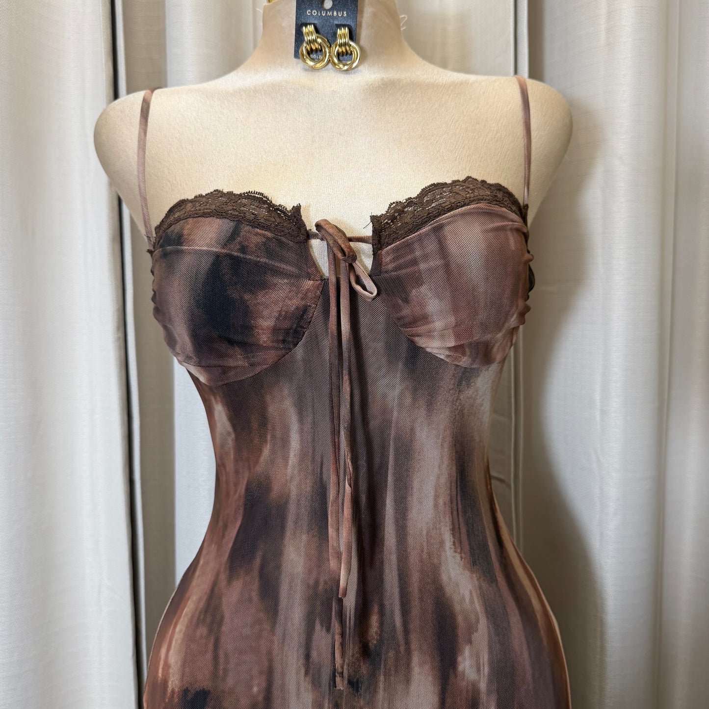 Spaghetti Multi Colored Mesh Midi Dress-brown Multi