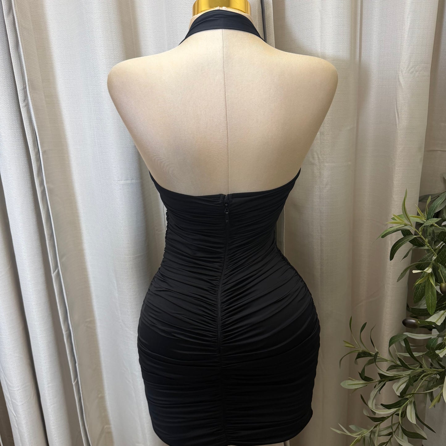 WIRE INSERT HALTER RUCHED MINI DRESS-Black