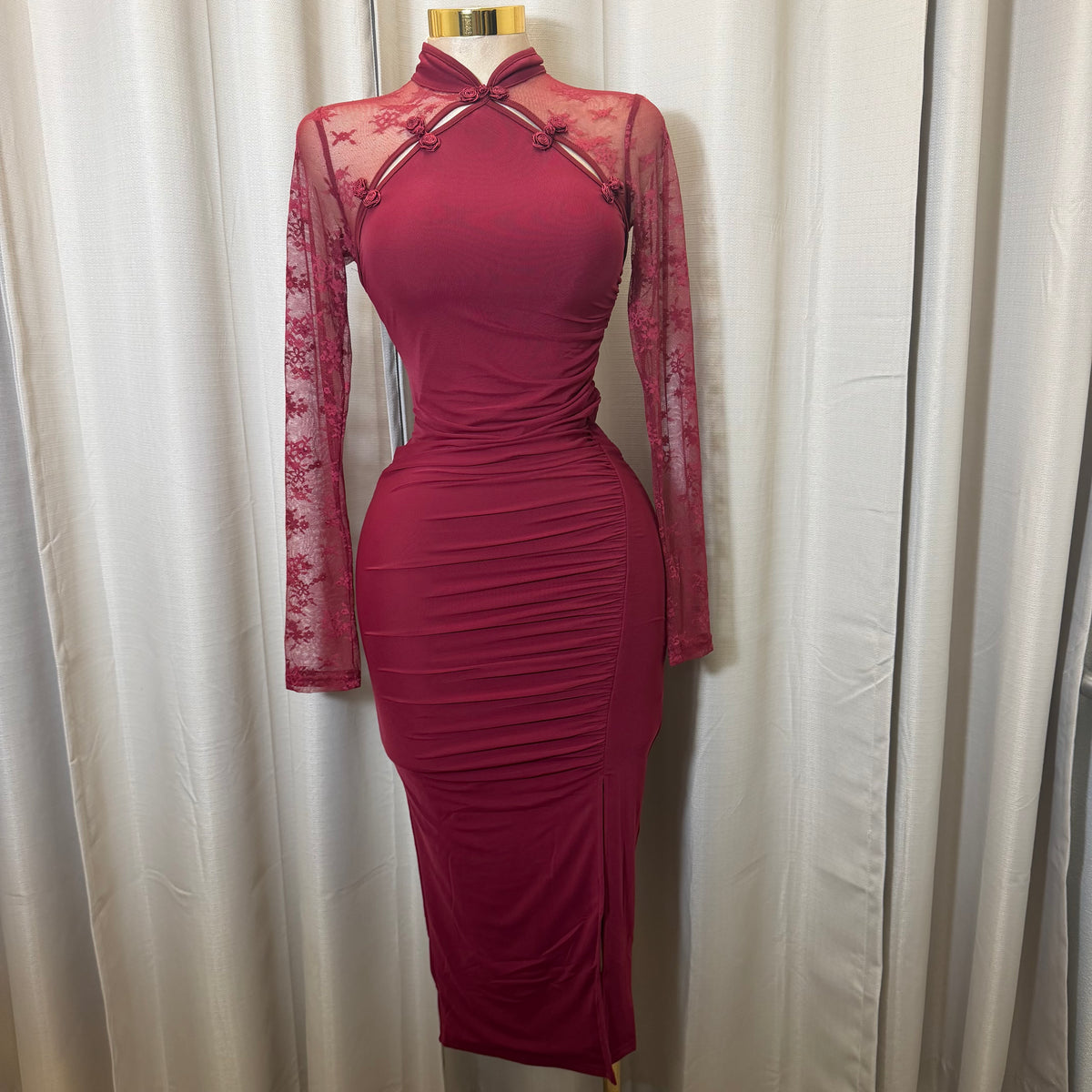 Korean Lace Long Sleeve Midi Dress-Burgundy