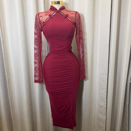 Korean Lace Long Sleeve Midi Dress-Burgundy