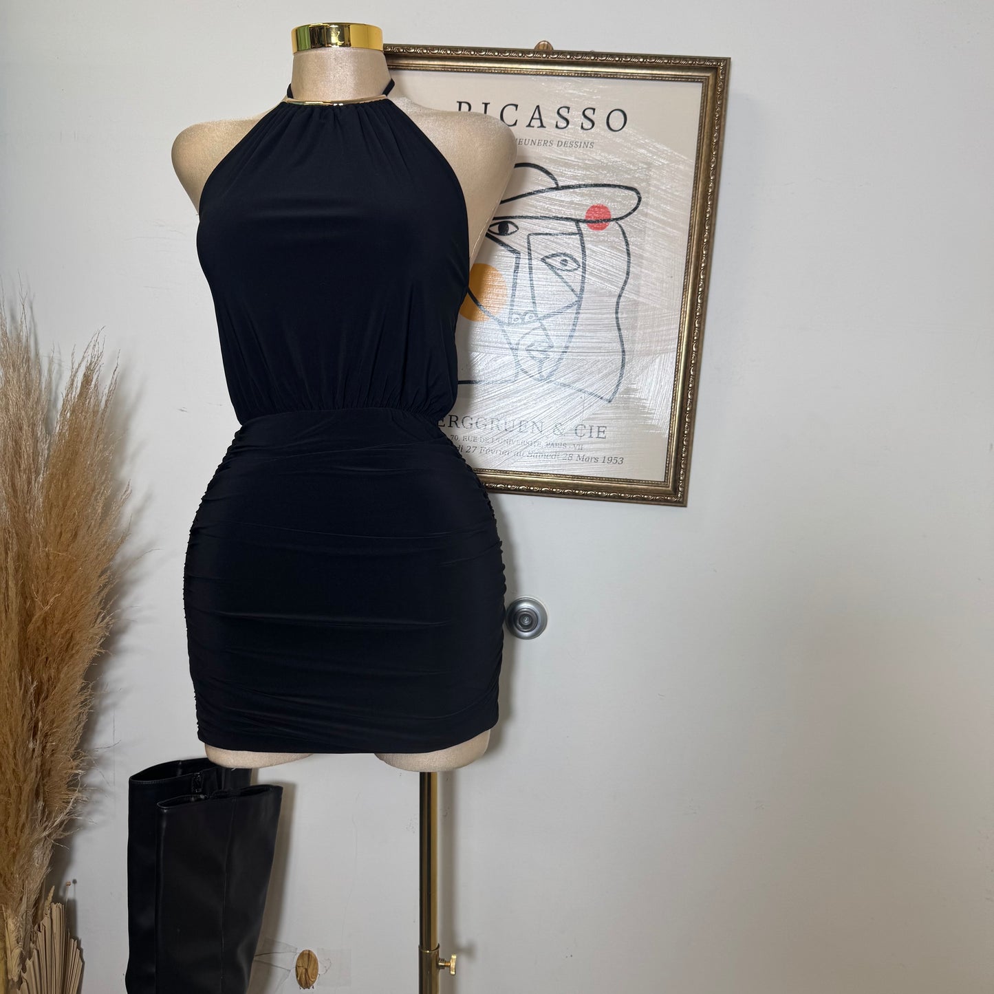 Halter With Gold Trim Mini Dress-Black