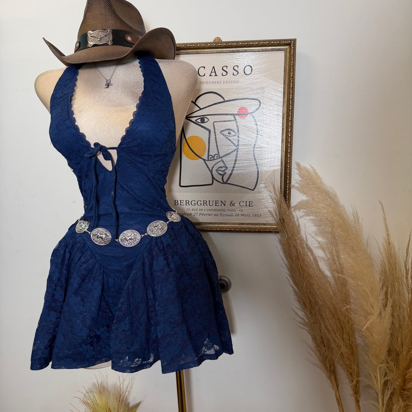 Lace Halter Mini Dress With Flared Skater Skirt-Navy