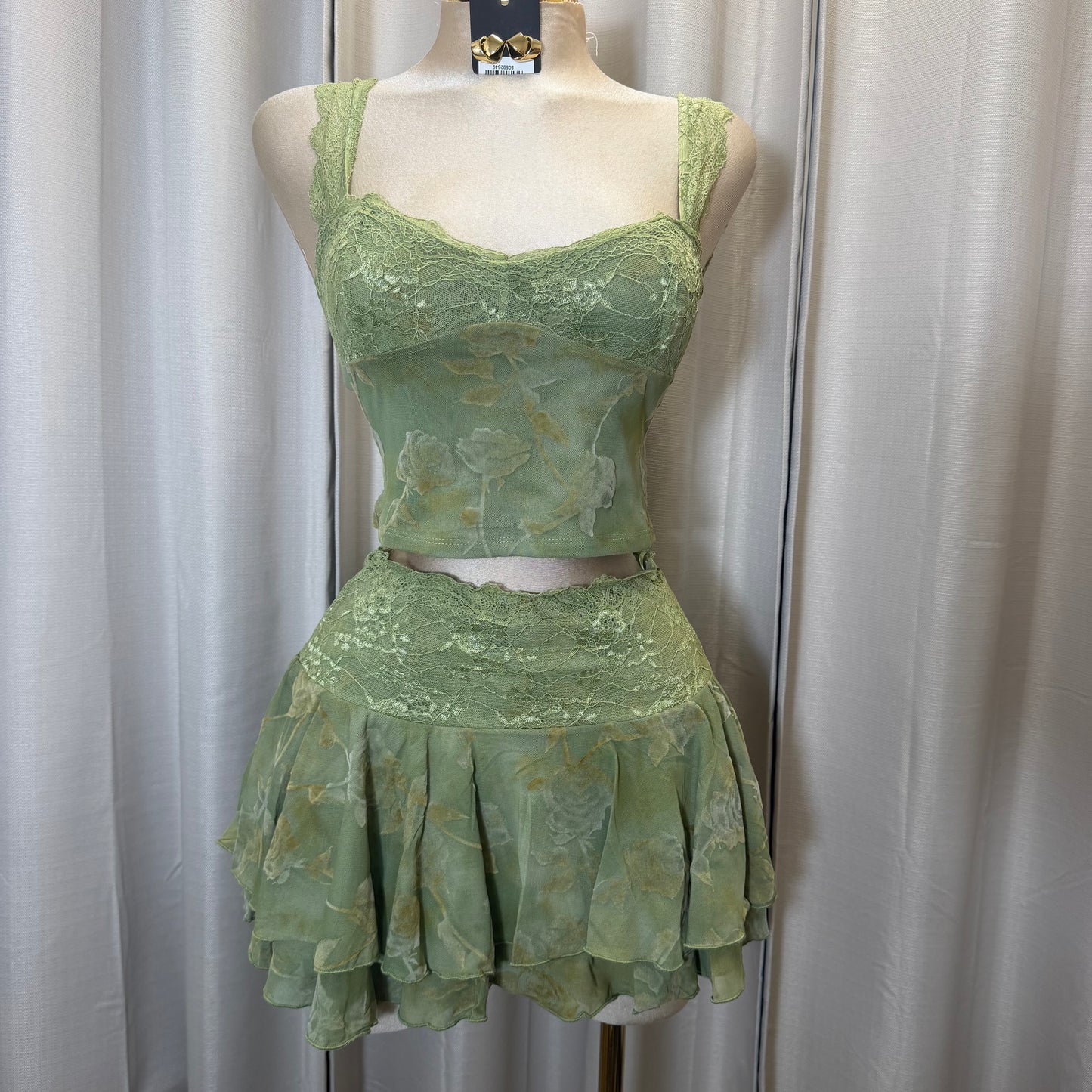 Lace Flower Skirt set-Green moss