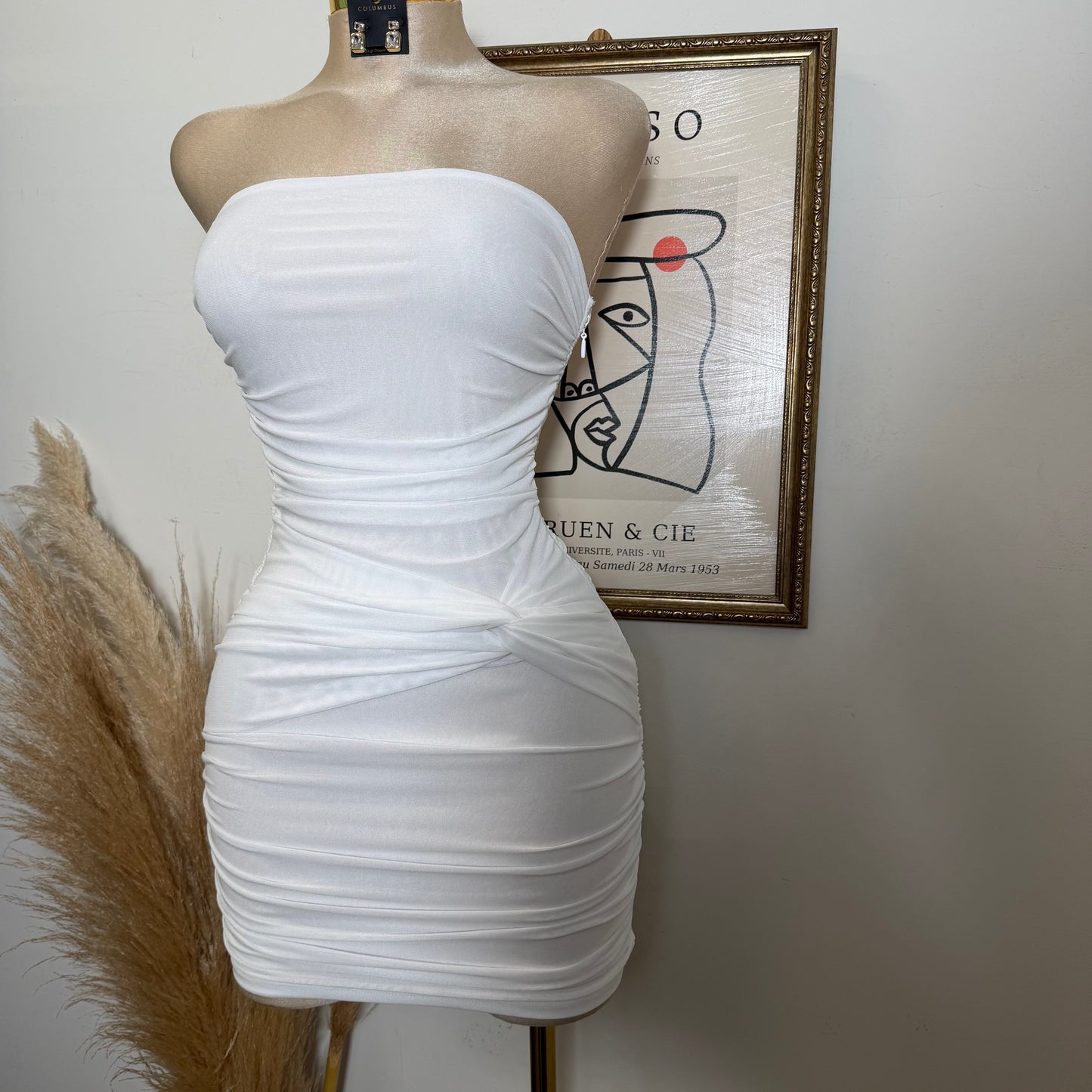 Strapless Ruched Mini Dress-White