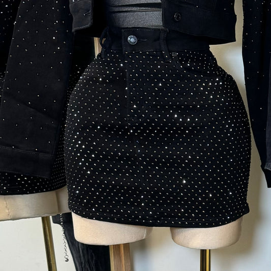 Rhinestone Denim Skirt -Black