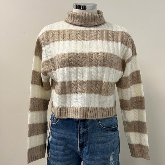 Lia Turtle Neck Striped Knit Cropped Sweater -Oatmeal