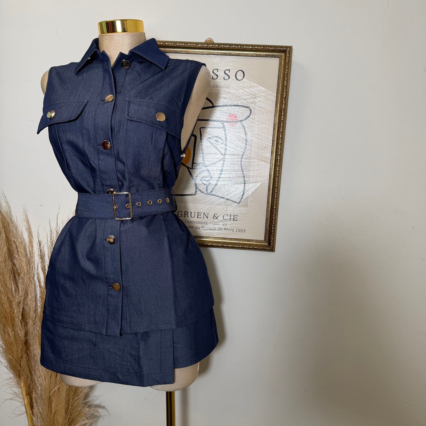 Denim Gold Buckle Belted Pocket Vest Skort Set-Dk Denim