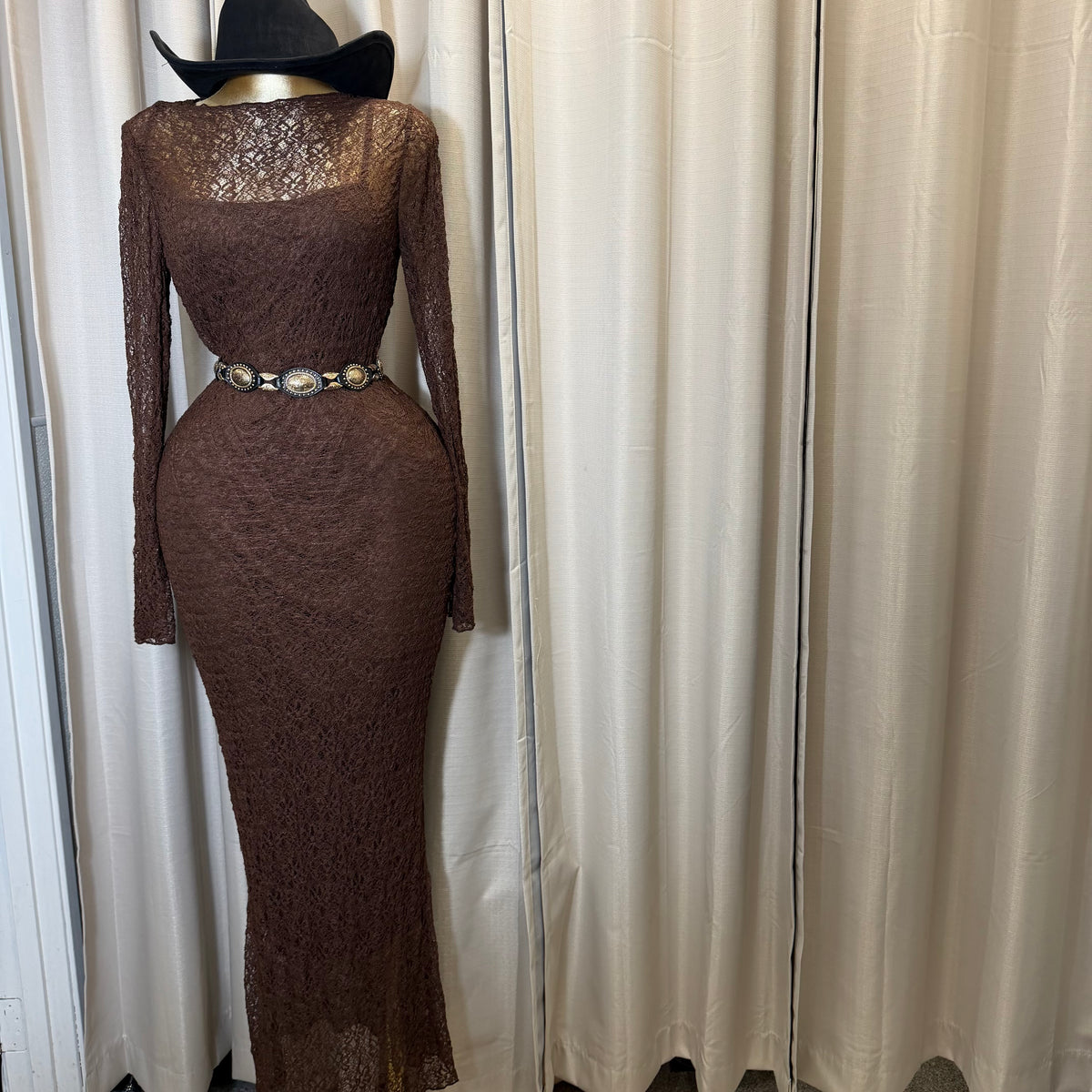 PL- Long sleeve Lace Midi Dress-Brown