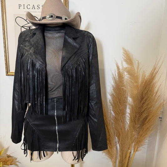 Suede Fringe Jacket-Black