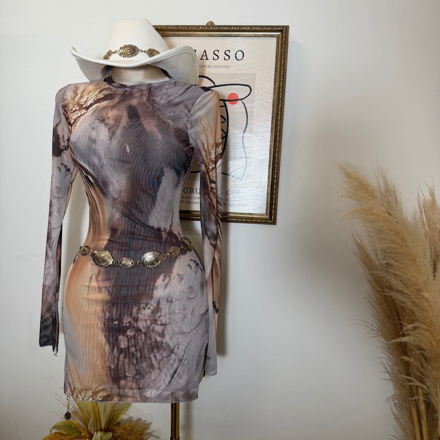TORY Mesh Long Sleeve Dress-Brown/Beige