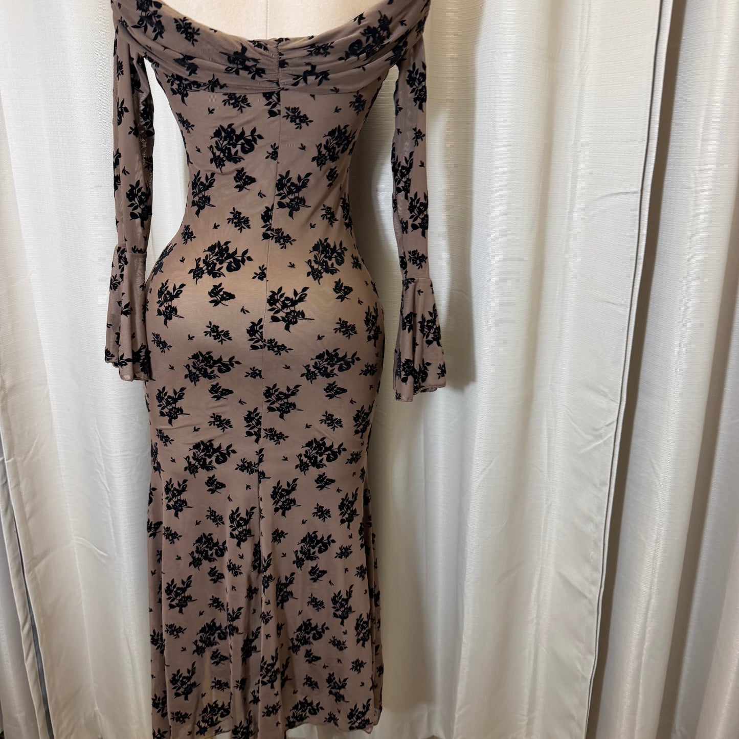Flocked Long Sleeve Mesh off shoulder maxi Dress-Brown/Black